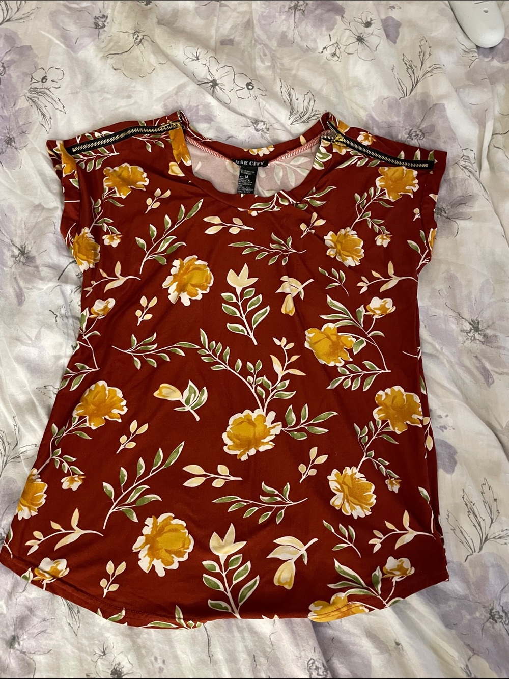 Bae City Floral Cap-Sleeve Top in Rust with Mustard Blooms